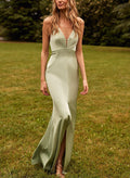 Seductive Halter Plunge Neck Lace Up Back Bridesmaid Dresses With Front Slit