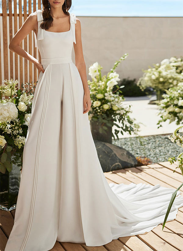 Square Neckline Sleeveless Court Train Wedding Jumpsuit