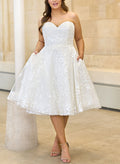 A-Line Sweetheart Sleeveless Tea-Length Lace/Tulle Wedding Dresses