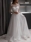 A-Line Illusion Neck Long Sleeves Sweep Train Sequined Wedding Dresses
