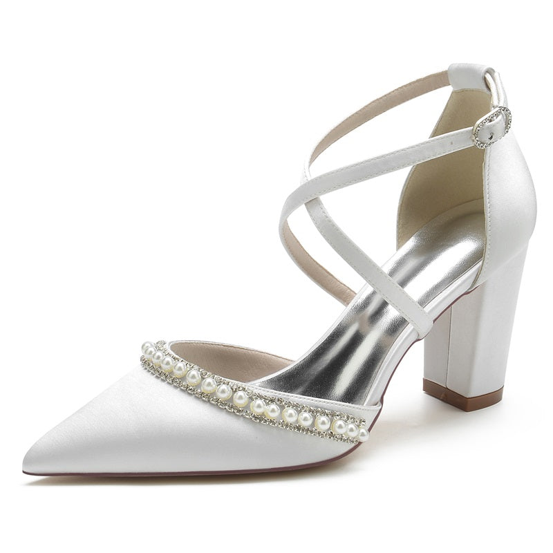Point Toe Chunky Heel Silk Like Satin Wedding Shoes
