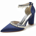 Pearl Embellished Ankle Strap Heel Silk Like Satin Wedding Shoes