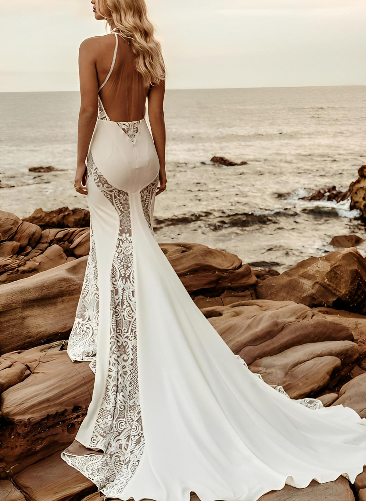 Trumpet/Mermaid Sleeveless Chapel Train Lace/Elastic Satin Wedding Dresses