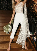 Jumpsuit/Pantsuit One-Shoulder Sleeveless Tea-Length Lace Wedding Dresses