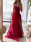 A-Line Strapless Sleeveless Satin Prom Dresses With Split Front