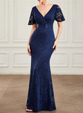 Trumpet/Mermaid V-Neck Short Sleeves Floor-Length Lace Evening Dresses
