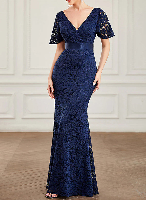 Trumpet/Mermaid V-Neck Short Sleeves Floor-Length Lace Evening Dresses