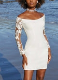 Off-The-Shoulder Long Sleeves Short/Mini Elastic Satin Wedding Dresses With Lace