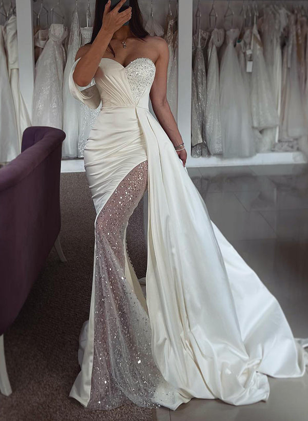 Trumpet/Mermaid Off-The-Shoulder Satin/Sequined Wedding Dresses