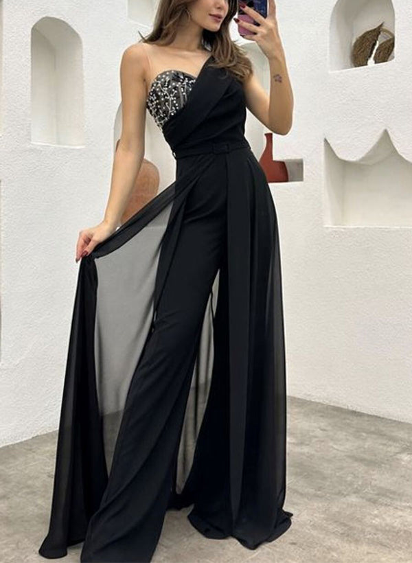 Jumpsuit/Pantsuit Illusion Neck Sleeveless Chiffon Evening Dresses
