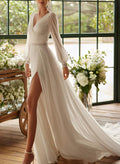 A-Line V-Neck Long Sleeves Court Train Chiffon Wedding Dresses