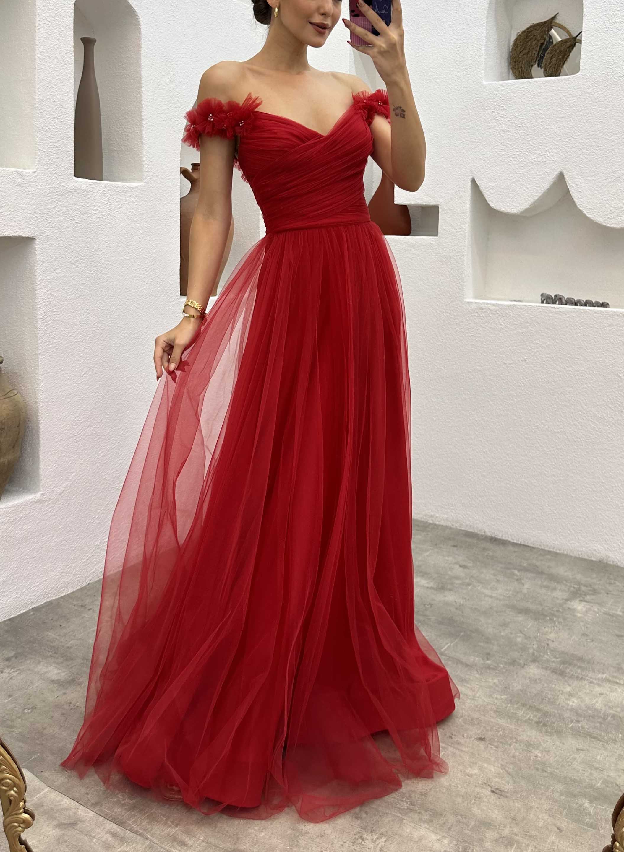 Off-The-Shoulder Tulle Flowers Evening Dresses