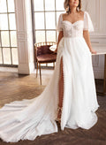 Plus Size Sweetheart Short Sleeves Sweep Train Chiffon/Lace Wedding Dresses