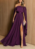 A-Line Off-The-Shoulder Sweep Train Stretch Satin Evening Dresses With Split Front