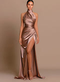 Sheath/Column Halter Charmeuse Evening Dress With High Split