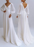 A-Line V-Neck Long Sleeves Stretch Satin Wedding Dresses With Beading