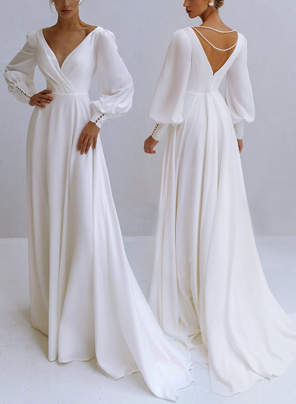 A-Line V-Neck Long Sleeves Stretch Satin Wedding Dresses With Beading