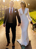 Trumpet/Mermaid V-Neck Long Sleeves Sweep Train Wedding Dresses