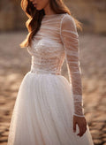 A-Line Illusion Neck Long Sleeves Sweep Train Tulle/Sequined Wedding Dresses