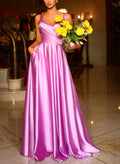 Satin A-Line Open Back Pockets Evening Dresses