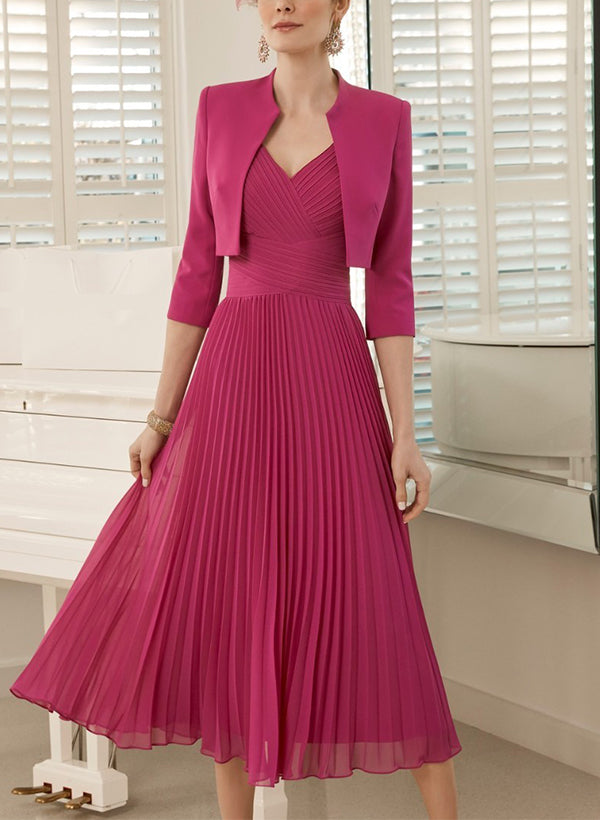 A-Line V-Neck Sleeveless Tea-Length Chiffon Mother Of The Bride Dresses