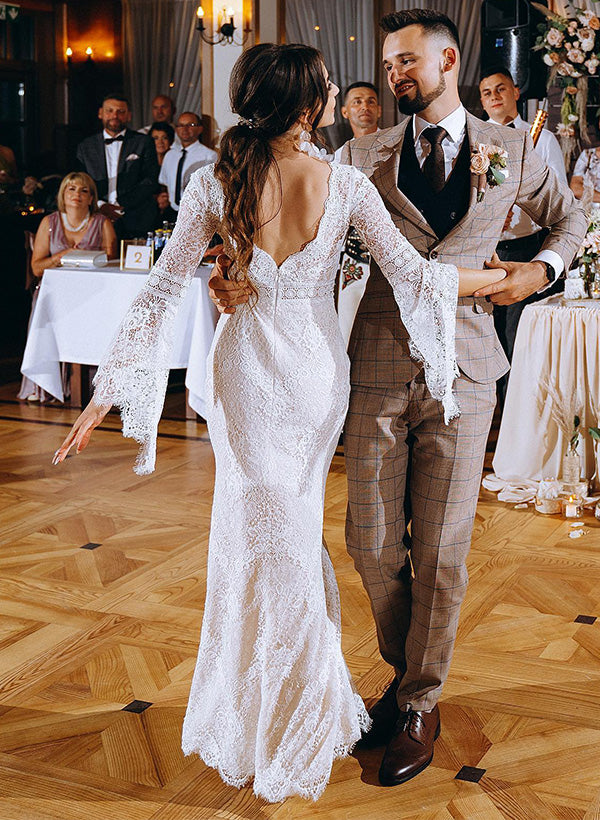 Trumpet/Mermaid V-Neck Long Sleeves Floor-Length Lace Wedding Dresses