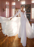 Simple Long Sleeves Detachable Train Wedding Dresses With Open Back
