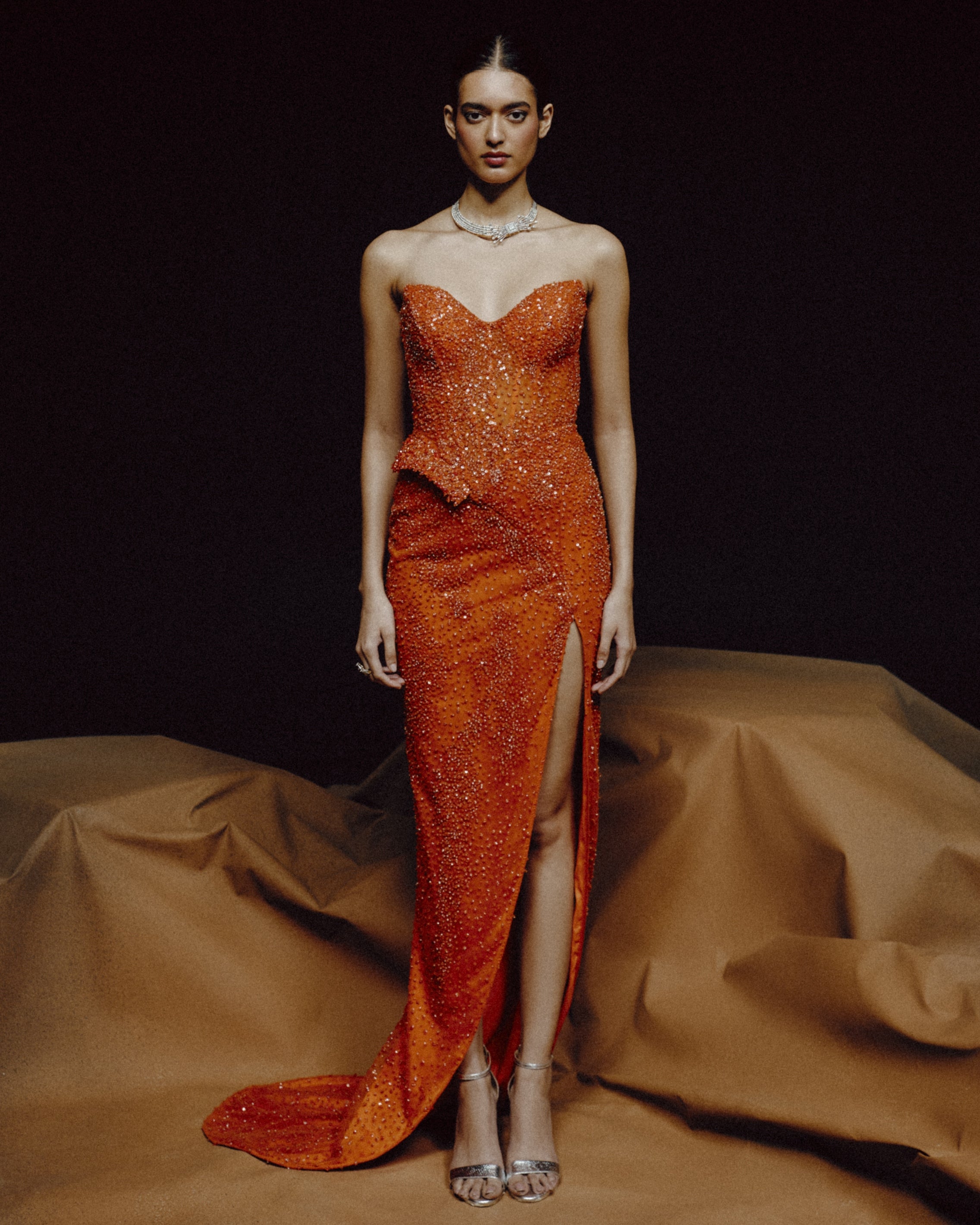 Molten Radiance Slit Gown By KYNAH, Luxury Indian Fashion & Bridal Wear