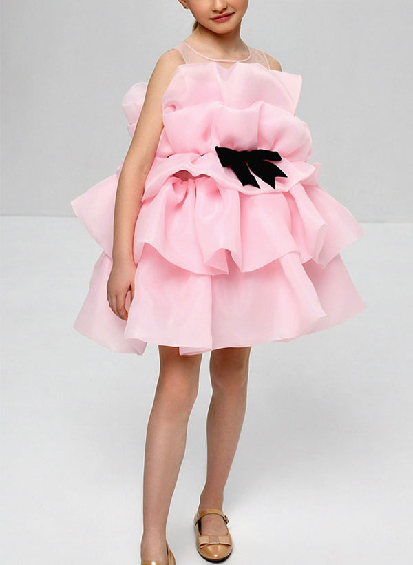 Sheath/Column Illusion Neck Organza Flower Girl Dresses With Bow(s)