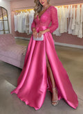 A-Line V-Neck Long Sleeves Sweep Train Mother Of The Bride Dresses With Split Front