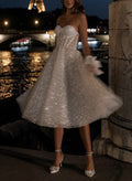 A-Line Strapless Sleeveless Tea-Length Sequined Wedding Dresses