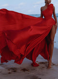 One-Shoulder Pleated A-Line Satin Prom Dresses
