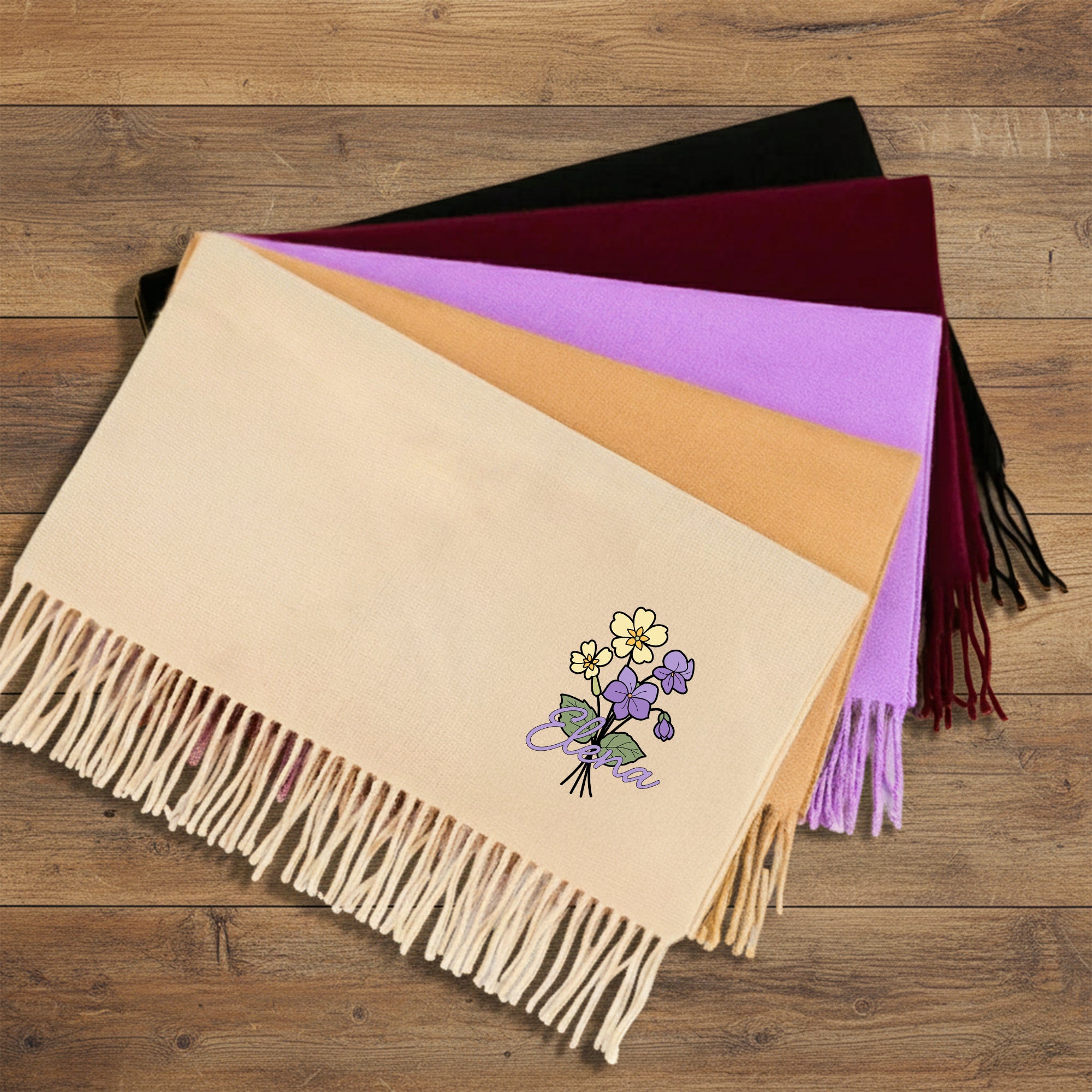 Personalizada Multicolor Nacimiento Ramo de Flores Faux Cashmere Bufanda Borla Chal con Nombre Invierno Accesorio Cumpleaños Vacaciones Regalo para la Familia Amigo
