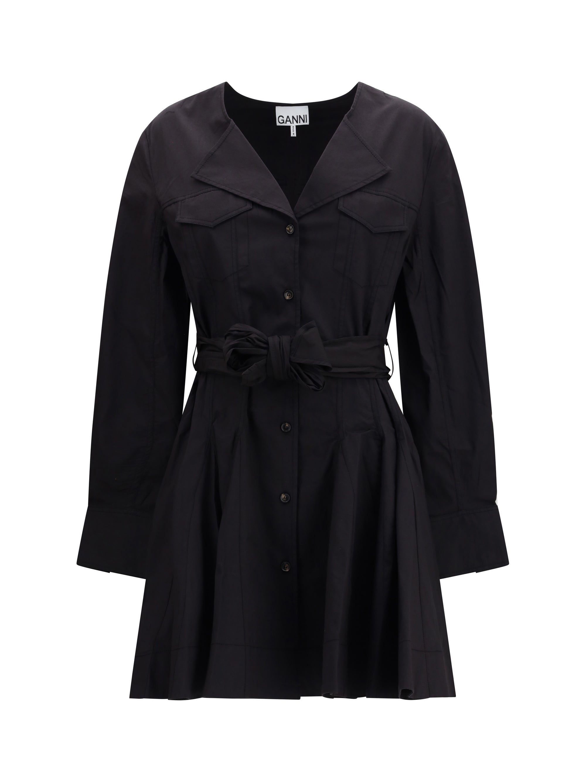 Ganni Button-Front Belted Shirt Dress — Black