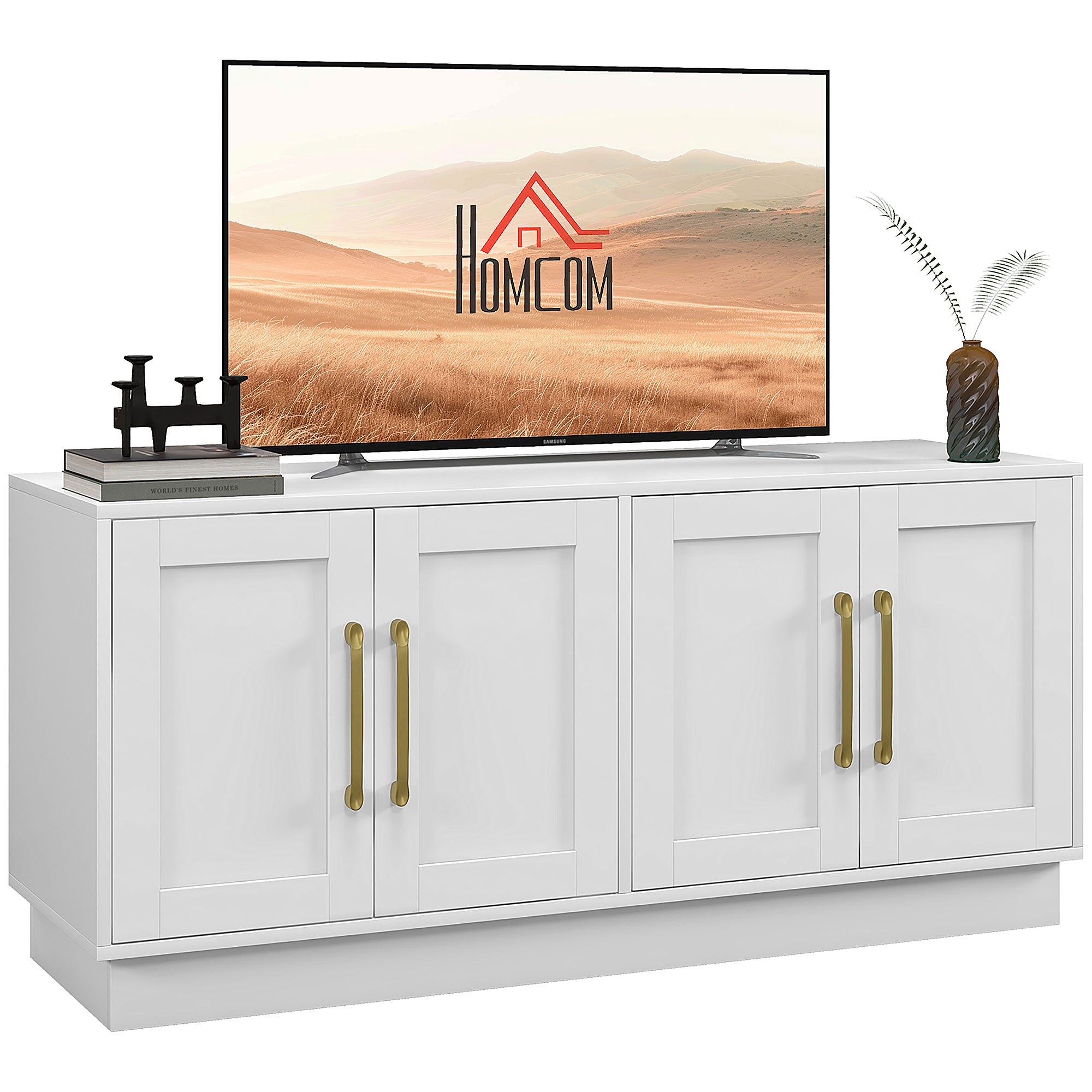 Modern TV Stand for up to 55" TV with 4 Soft-Hinged Doors, White