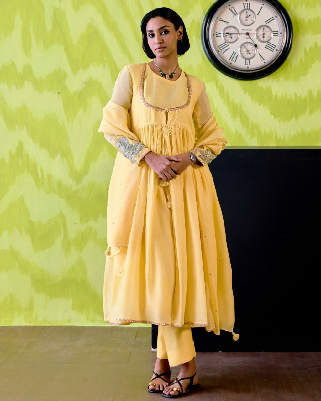 Buttercup Yellow Gather Anarkali Set By KYNAH, Luxury Indian Fashion & Bridal Wear
