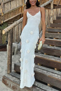 Open Back Flowers Applique Knitting Maxi Vacation Dress