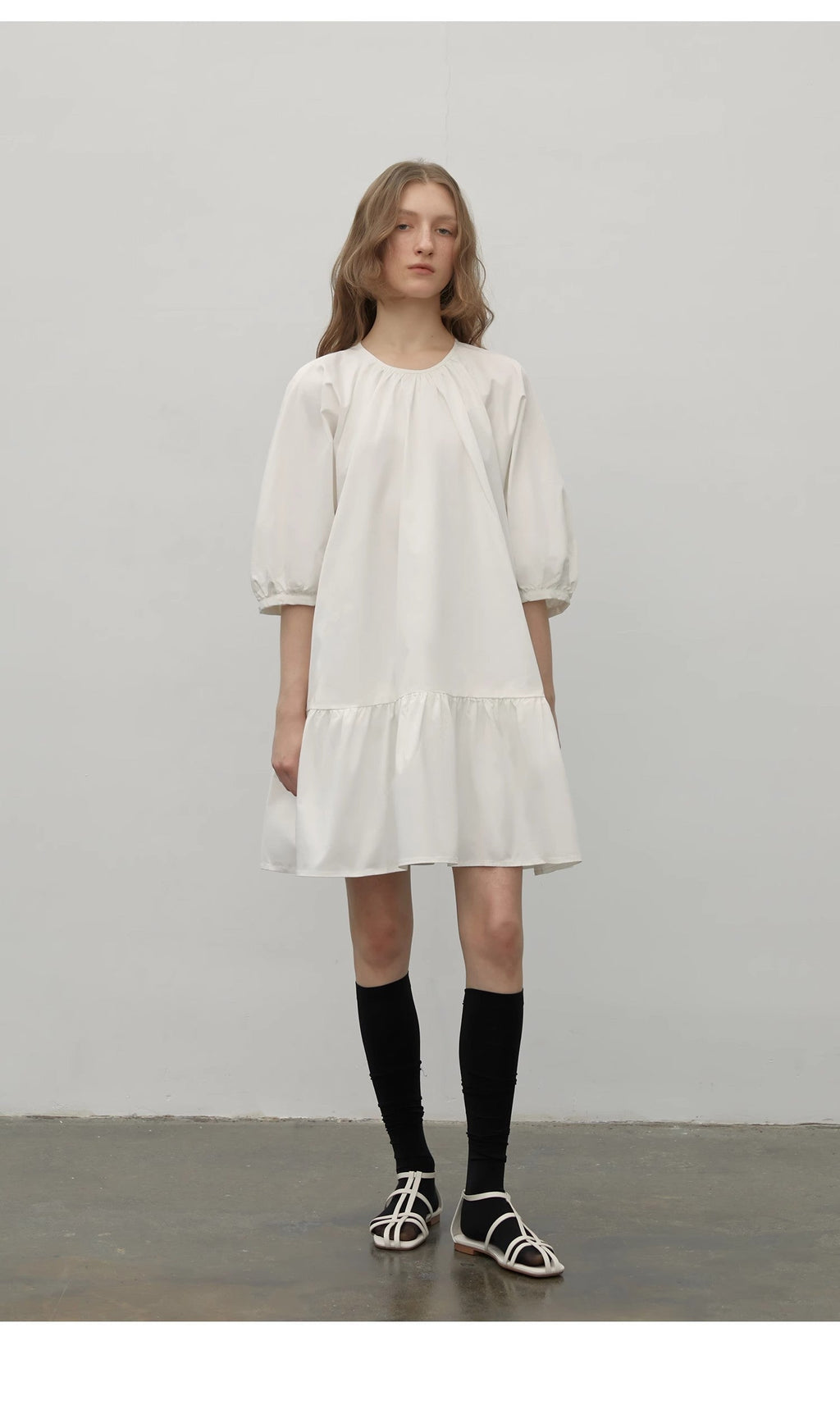 Dream Island Hepburn style white dress temperament high-end puff sleeve dress for women