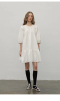 Dream Island Hepburn style white dress temperament high-end puff sleeve dress for women