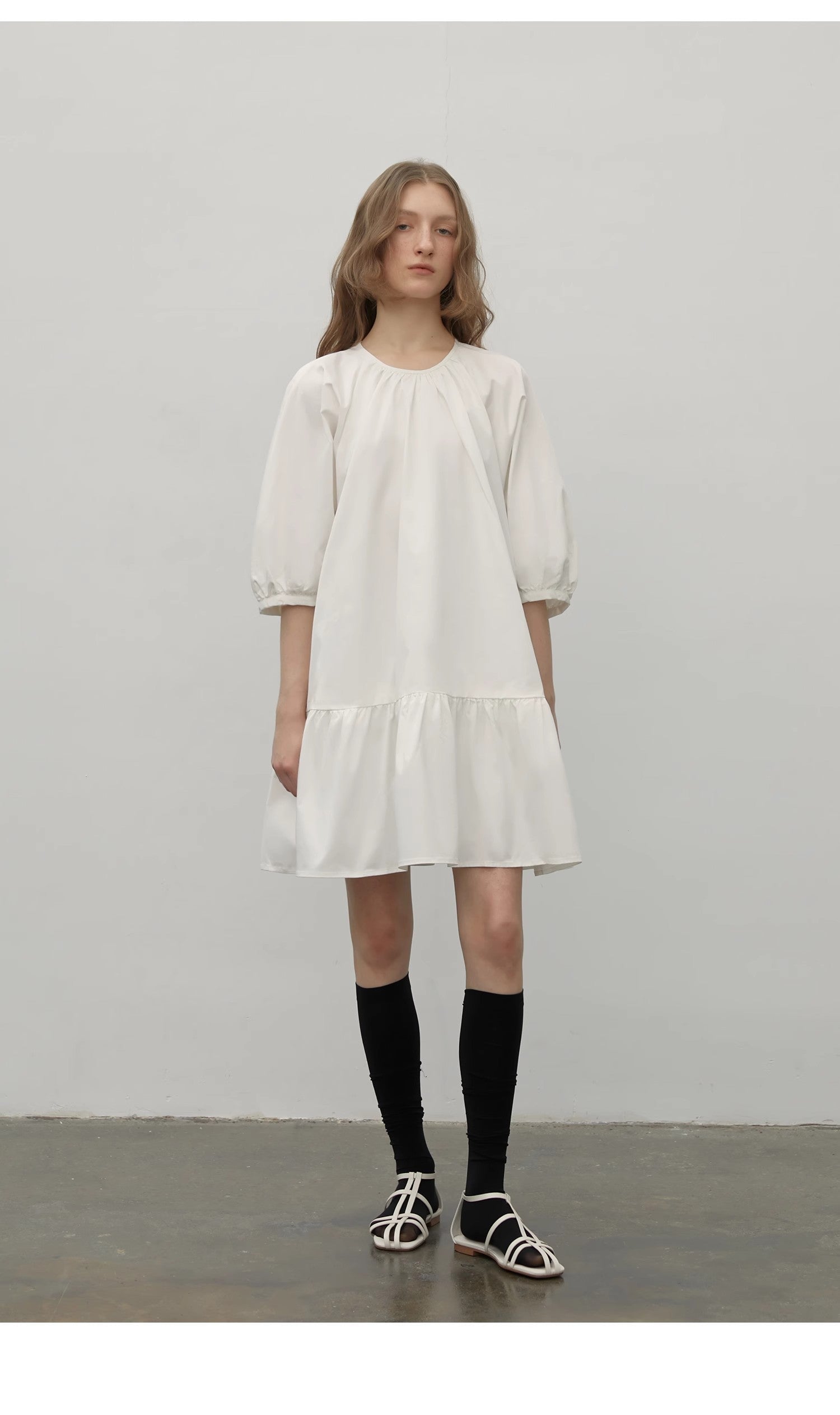 Dream Island Hepburn style white dress temperament high-end puff sleeve dress for women