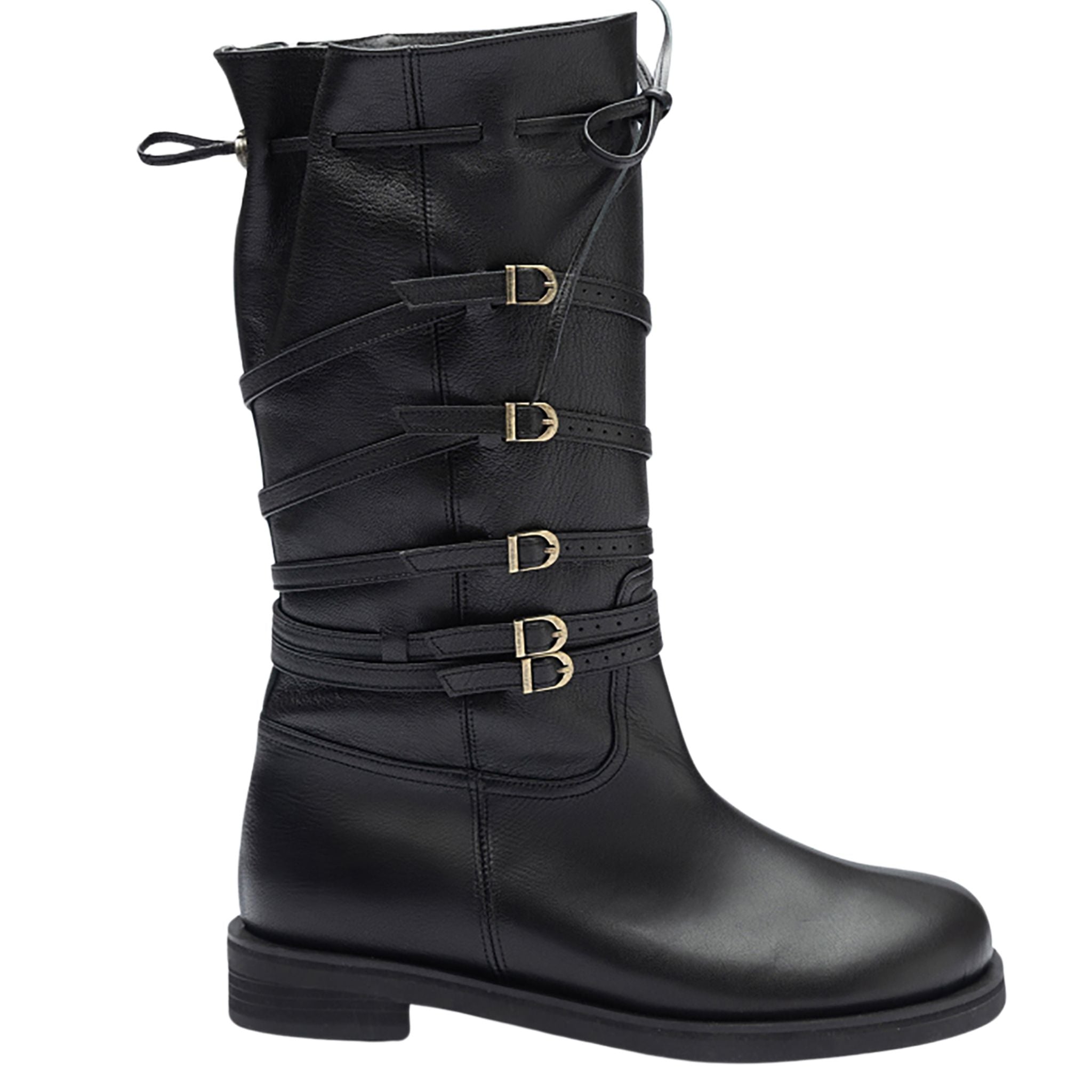Black Leather Multi‑Strap Buckle Mid-Calf Boots