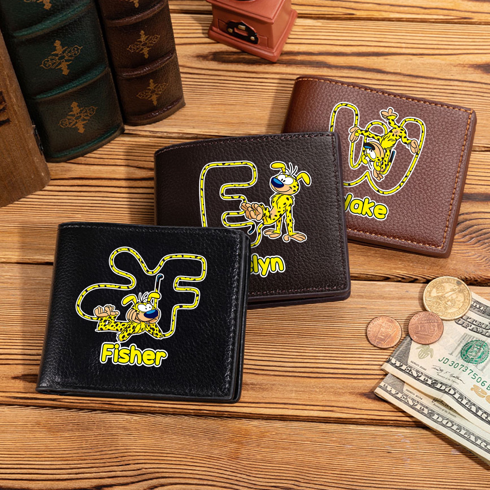 Marsupilami personalizado de cola larga Plegable PU billetera de cuero con nombre Aniversario Cumpleaños Regalo para hombre | Callie × Marsupilami®.