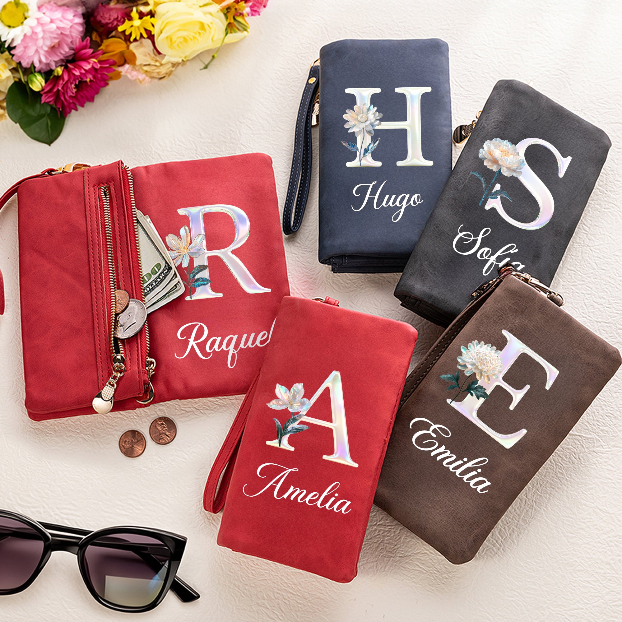 Cartera plegable personalizada de cuero PU con flor de nacimiento nombre y múltiples ranuras para tarjetas regalo de cumpleaños para mujer