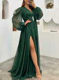 V-Neck Long Sleeves Beading A-Line Evening Dresses