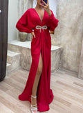 V-Neck Long Sleeves Beading Evening Dresses
