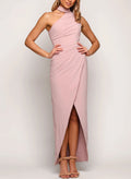 Sheath/Column High Neck Elastic Satin Bridesmaid Dresses With Split Front