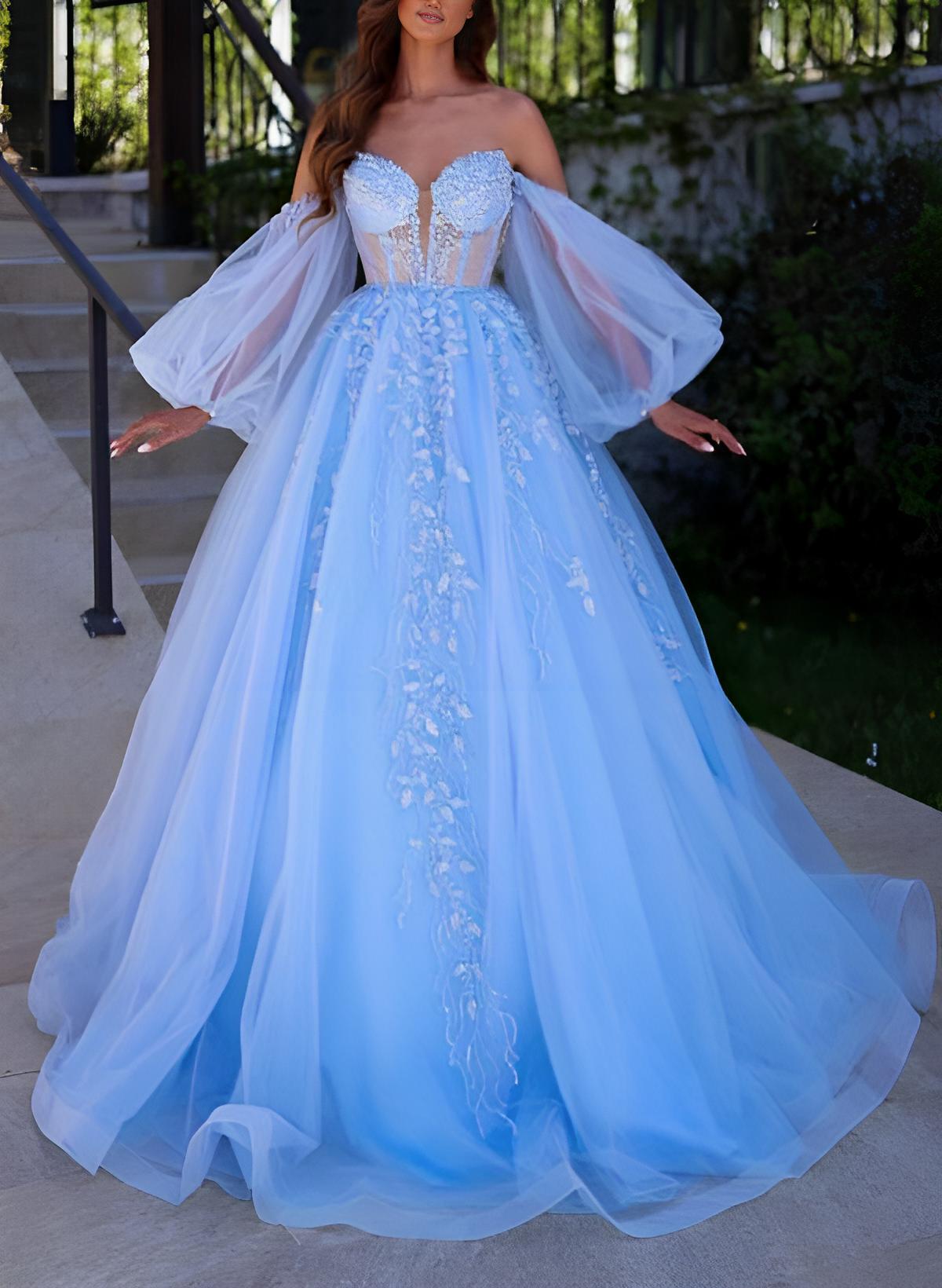 Ball-Gown Sweetheart Long Sleeves Sweep Train Tulle Prom Dresses With Appliques Lace