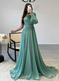 A-Line One-Shoulder Long Sleeves Sweep Train Chiffon Prom Dresses