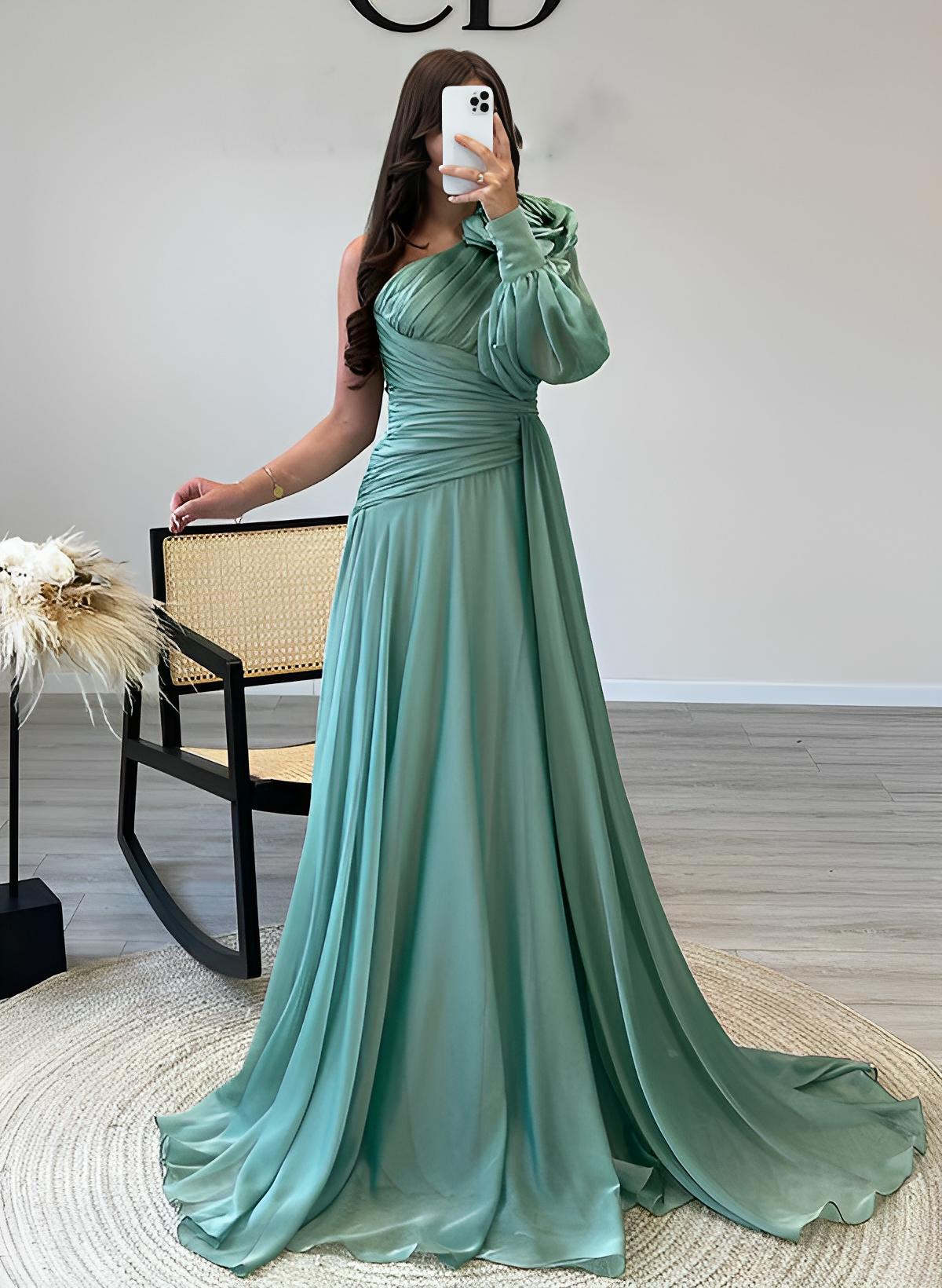 A-Line One-Shoulder Long Sleeves Sweep Train Chiffon Prom Dresses