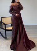 Off-The-Shoulder Long Sleeves Sweep Train Sequined Evening Dresses